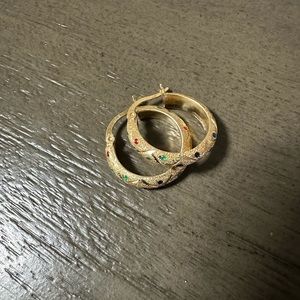 14K gold hoop earrings with tiny birthstones embedded